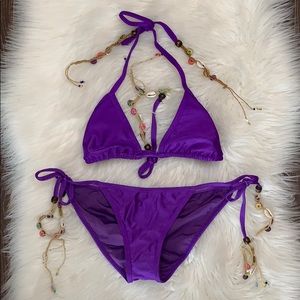 beaded tie side purple bikini set